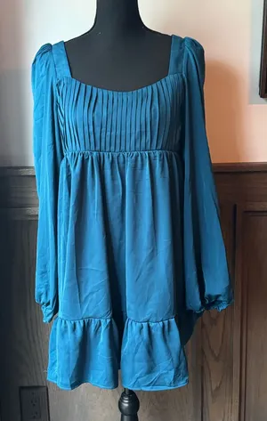 New In Teal Long-Sleeve Pleated Babydoll Dress large nwt thumbnail 1