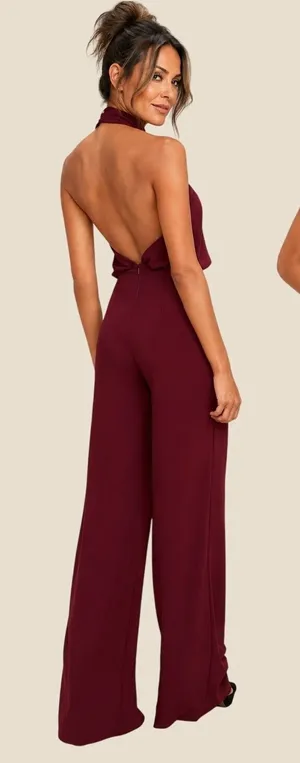 1554 | NWT Lulu's Moment for Life Halter Wide Leg Open Back Jumpsuit Women XXS‎ thumbnail 1