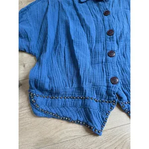 Free People Beaded Crinkle Gauze Top Blue Button Down Western Long Sleeve Size M thumbnail 10