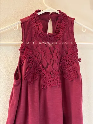Dark Red Lace Crochet High‎ Neck Sleeveless Top Boho Keyhole Back Maroon Tank thumbnail 1