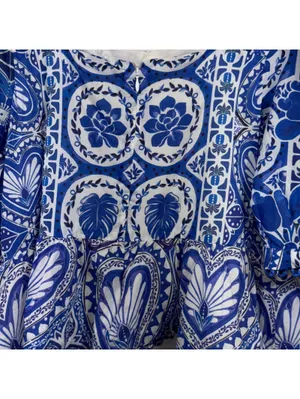 FARM Rio Blue Motif Puff Sleeve Peplum Top XL NWT thumbnail 10