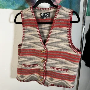 Vintage At Last & Co Vest Wool Blend Southwestern Aztec Wood Buttons Sz L * thumbnail 1