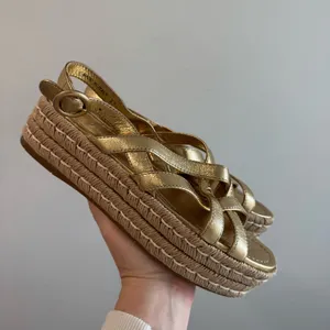 Prada Strappy Gold Leather Platform Espadrilles‎ Size 37.5 thumbnail 2