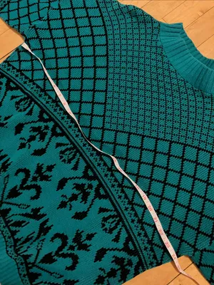 Vintage Lauren Acrylic Green Teal and Black Print Mockneck Sweater thumbnail 5