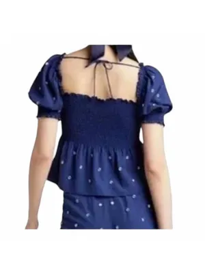 Nwt Hill House Blue Jewel Jammie Smocked front top $160 embellished S summer thumbnail 2
