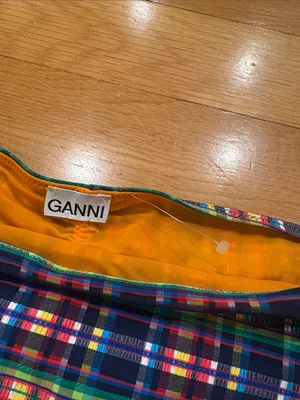 Ganni Multicolor Plaid High-Waist Bikini Bottom with Orange Lining thumbnail 2