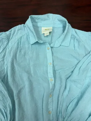 Maeve by Anthropologie Light Blue Rosa Swiss Dot Banded Bottom Blouse- Large thumbnail 3