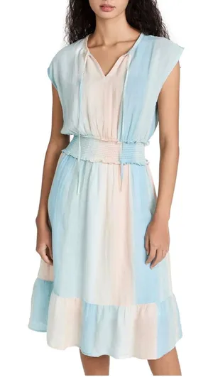 Rails Ashlyn Sunset Gradient Linen Blend Smocked Midi Dress Blue Peach Small thumbnail 1