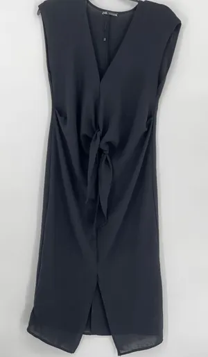 Zara Black Sleeveless V-Neck Tie Front Knot Midi Dress Small thumbnail 1