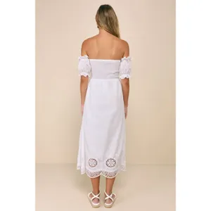 NWT Lulus Sweet Sunlover White Embroidered Off-the-Shoulder Midi Dress Summer M thumbnail 3
