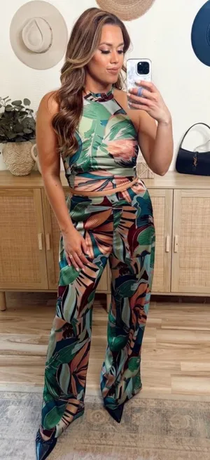 Rachel Zoe Women’s 2-Piece Tropical‎ Palm Print Satin Halter & Pant Set Small thumbnail 1