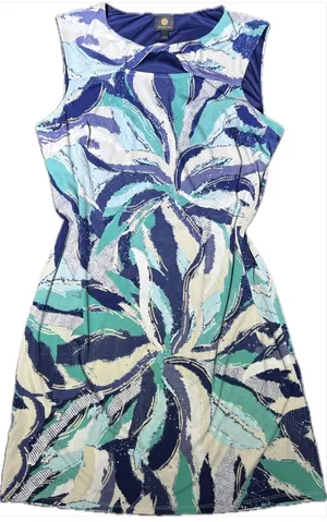 JM Collection Sleeveless Dress Blue Teal Abstract Twist Keyhole Neck Size Large thumbnail 1