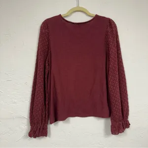 Madewell Texture & Thread Burgundy Knit Puff Sleeve Sweater Womens M Fall Eyelet thumbnail 11