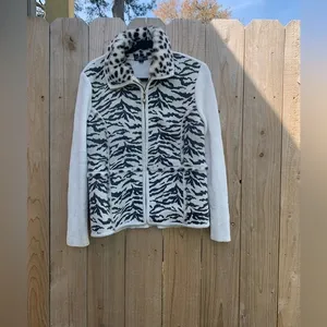 Lisa‎ International Cream Spots Faux Fur Suede Sweater Jacket Sz small zebra thumbnail 2