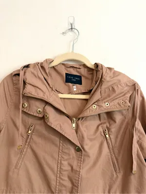 Love Tree Tan Hooded Utility Jacket Field Coat Lightweight 100% Cotton Sz Large thumbnail 6