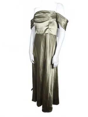 Birdy Grey Mia Moss Green Satin Off-Shoulder Evening Dress with Slit (L) thumbnail 2