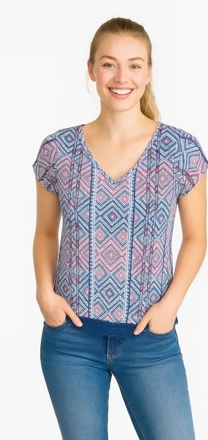 Pink Rose Large Blue Pink White Geometric Top thumbnail 1