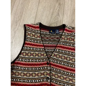 Vintage Lizsport Fair Isle Sweater Vest Brown Red Cotton Blend Button Front M thumbnail 2