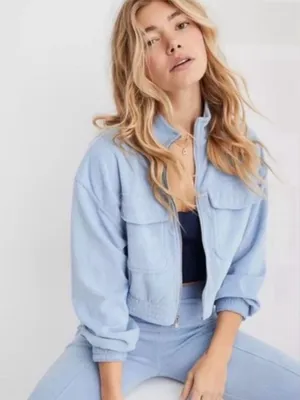 Aerie‎ Groove On Cropped Corduroy Utility Jacket in Powder Blue Size XL thumbnail 1