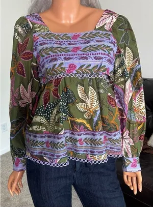Farm Rio Blouse Top XS Green Jungle Fairy Boho Botanical Tropical‎ Praire Resort thumbnail 1