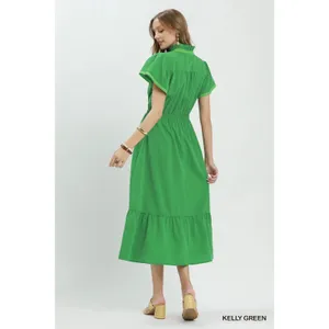 Umgee Contrast Trim‎ Midi Dress with Tiered Ruffle Hem - Kelly Green - Medium thumbnail 3