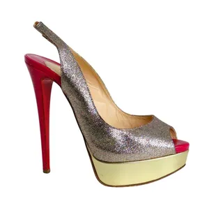 Christian Louboutin Lady Peep Slingback Glitter Pumps Platine Gold Pink Red 36.5 thumbnail 1