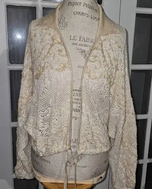 Anthropologie Womens Tan Natural Cropped Lace Cardigan‎ Sweater M/L Medium Large thumbnail 1