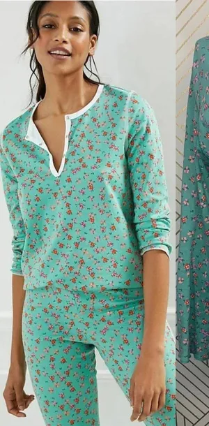 Anthropologie Roberta Roller Rabbit Blooms Pajama Top Tee Henley Floral Green Size US Small‎ thumbnail 1