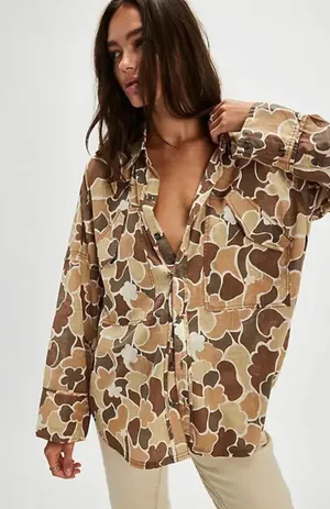 Free People Bohemian Camouflage Camo Oversized Hidden Valley Shirt Neutral Large thumbnail 1