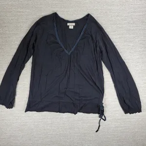 Polo Jeans Co Long Sleeve V Neck Tie Side Top Womens Medium Black Cotton Modal thumbnail 2