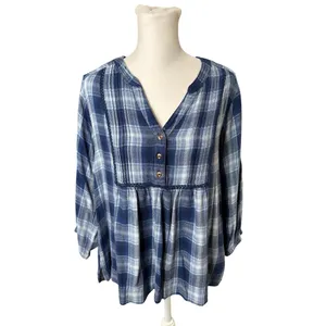 Wrangler Blue White Black Plaid Pintuck Blouse Western Boho Size Medium thumbnail 2