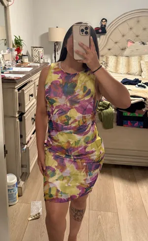 Yellow and purple floral mini dress thumbnail 1