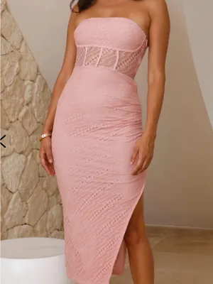 Hello Molly Strapless Lace Midi Dress in Blush Pink thumbnail 2