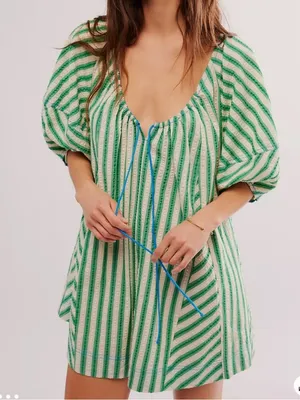 Free People Bop Around Green Cream Stripe Romper size medium thumbnail 1