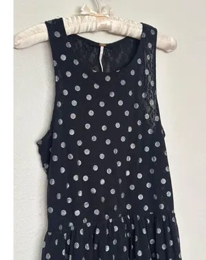 FREE PEOPLE Sheer Lace Metallic Drop Waist Black White Polka Dot Mini Dress thumbnail 3