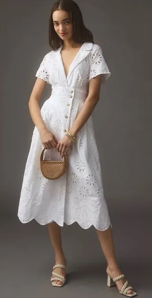 Maeve by Anthropologie White Eyelet Cotton Midi Dress thumbnail 1