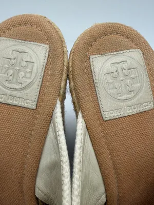 Tory Burch Kristen Espadrille Wedge Sandals Cream Canvas Gold Logo Women’s 10 thumbnail 6