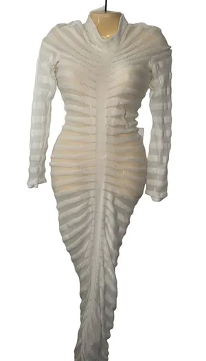 Elegant White Long-Sleeve Ribbed Sheath Dress / cover up thumbnail 1