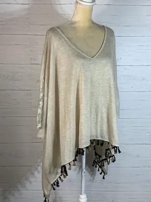 Knit lightweight poncho top lace detail fringe S/M oversized womens thumbnail 6