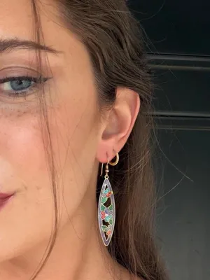 Vintage 1970s cloisonné marquise-shaped gold dangle earrings with floral enamel design thumbnail 2