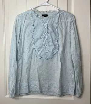 EUC J.Crew women’s pale light‎ blue embroidered ruffle long sleeve blouse small thumbnail 1