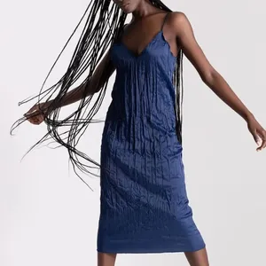 Zara Navy Blue Wrinkled and Satin Effect Midi Dress(Size Medium) thumbnail 1