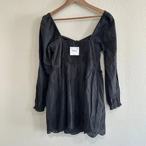 American Eagle Black Eyelet Mini Dress Long Sleeve Smocked Sweetheart Medium NWT thumbnail 2