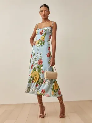 Reformation Enya Floral Ruffle Light Blue Midi Dress thumbnail 8