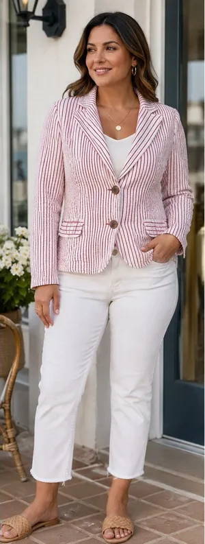 Cabi Captain's Seersucker Striped 2-Button Blazer Womens 10 Red White thumbnail 1