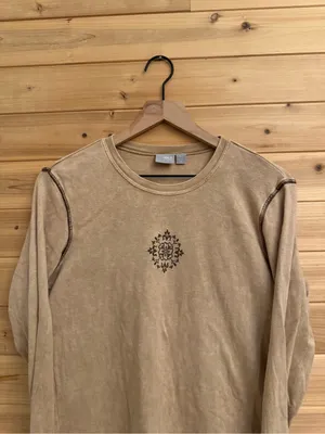 Vintage Y2K Large Tan Acid Wash Long Sleeve Cotton Bedazzled Shirt thumbnail 2