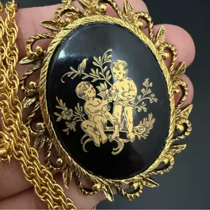 Vintage Unsigned Victorian Revival Cherubs Gemini Zodiac Cameo Pendant Necklace thumbnail 11