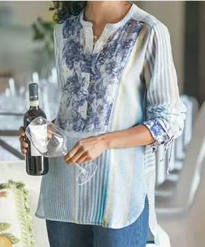 Soft Surroundings‎ Shirt Women Medium Blue Floreale Striped Popover Linen Top thumbnail 1