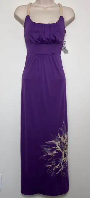 NEW y2k Bongo Women Milkmaid Maxi Dress Purple‎ Braided Macrame Racerback Floral thumbnail 1