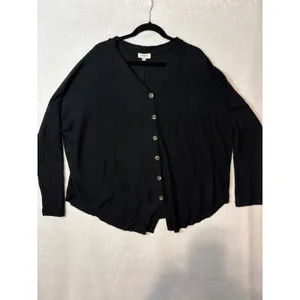 Umgee Black‎ Waffle Knit Cardigan Button Front Oversized V-Neck Sweater M thumbnail 3